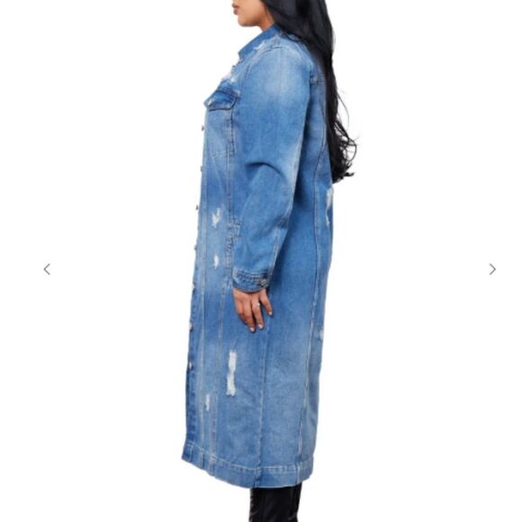 Blue Denim Full Length Distressed Maxi Long Jacket Shacket Boho Trendy Jean Coat - Picture 4 of 5